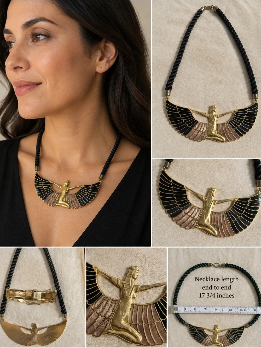 Vintage Egyptian Revival Winged Goddess Necklace – Black & Gold Statement